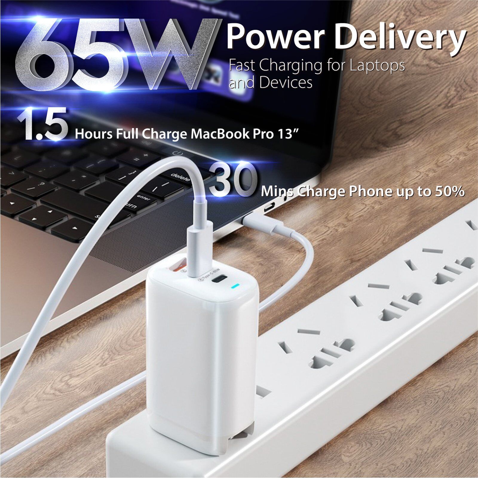 65W PD 3.0 Foldable 3-Port Wall Charger - White - Image 2